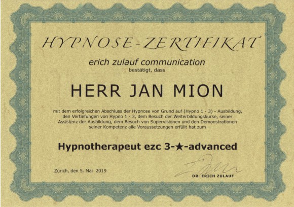 Hypnosetherapeut Jan Mion Diplom 3 Stern Advanced