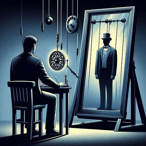 Eine Person blickt nachdenklich auf ihr Spiegelbild