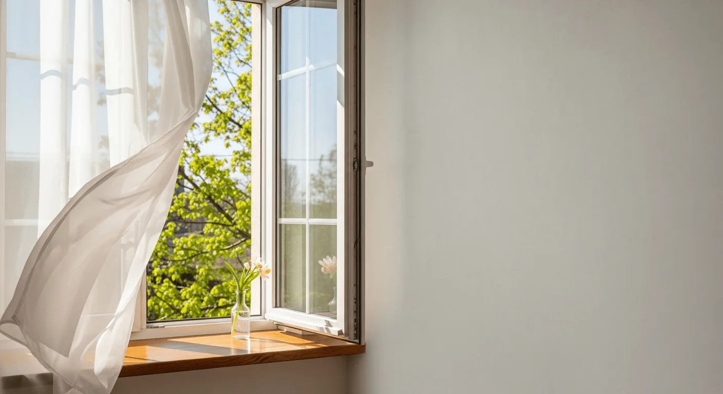 Offenes Fenster mit wehendem Vorhang und Frühlingsgrün