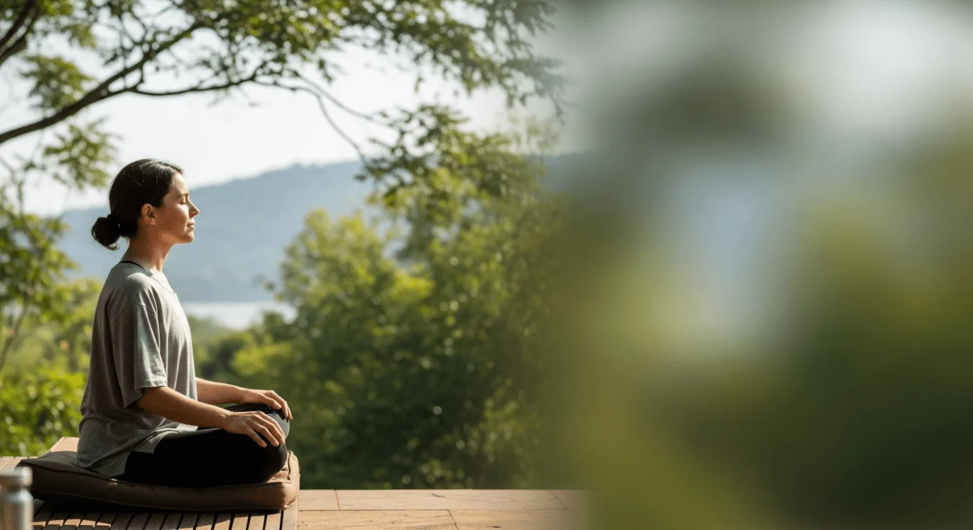Eine Frau meditiert in einer ruhigen Naturkulisse
