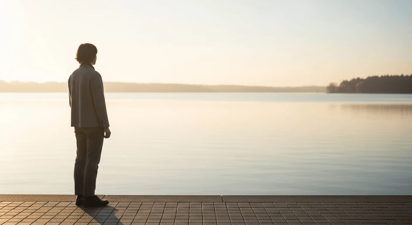 Eine nachdenkliche Person steht im Morgenlicht an einem stillen See