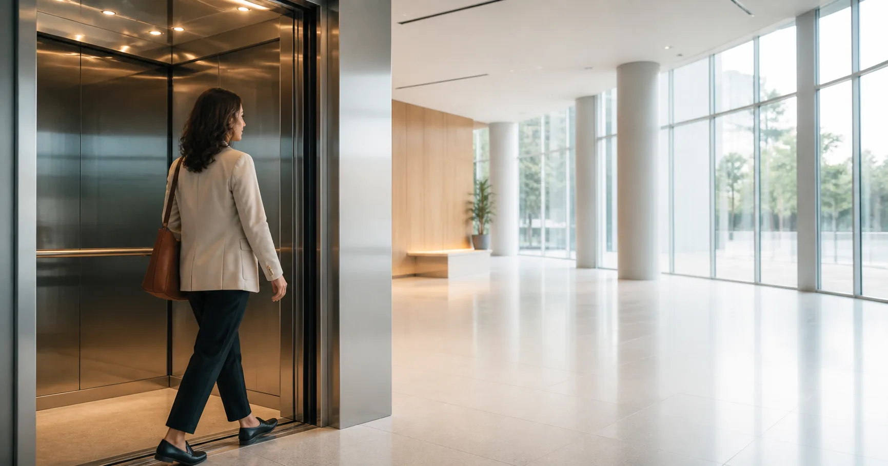 Eine Frau tritt aus einem Aufzug in eine helle, offene Lobby