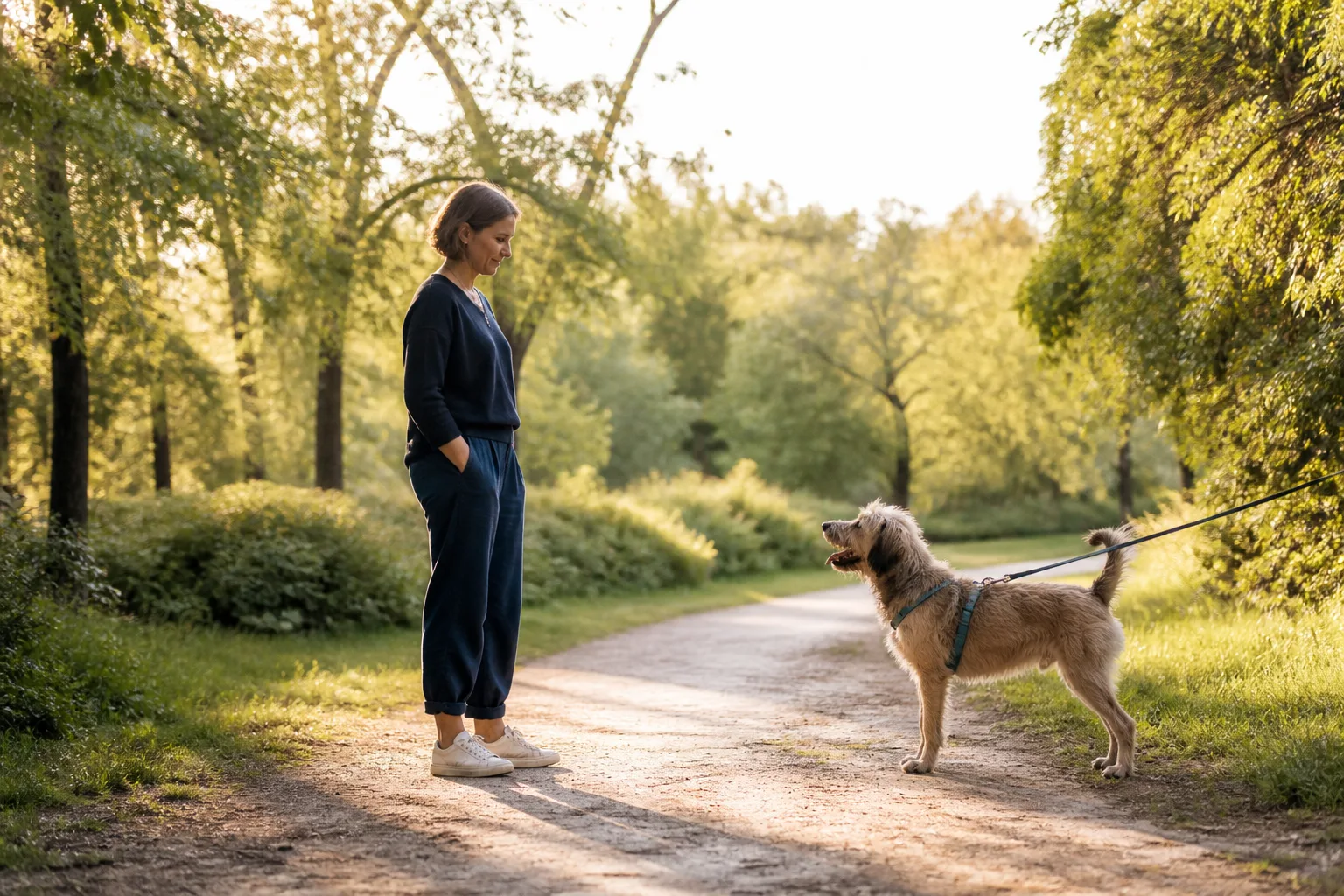 Eine entspannte Frau begegnet einem ruhig angeleinten Hund auf einem Parkweg