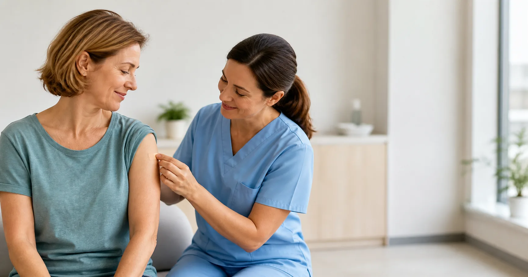 Entspannte Patientin nach einer Impfung in einer hellen Arztpraxis
