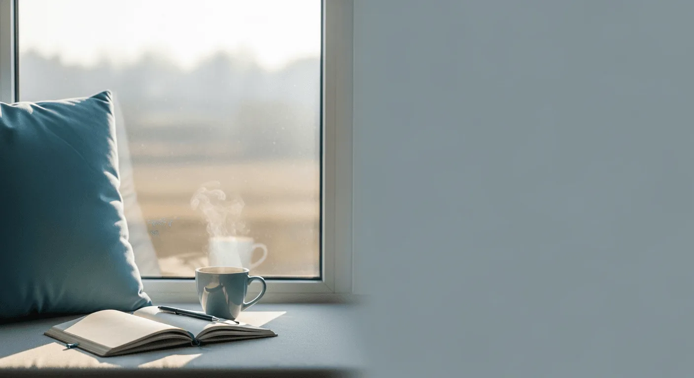 Notizbuch und eine Tasse Tee an einem hellen Fenster