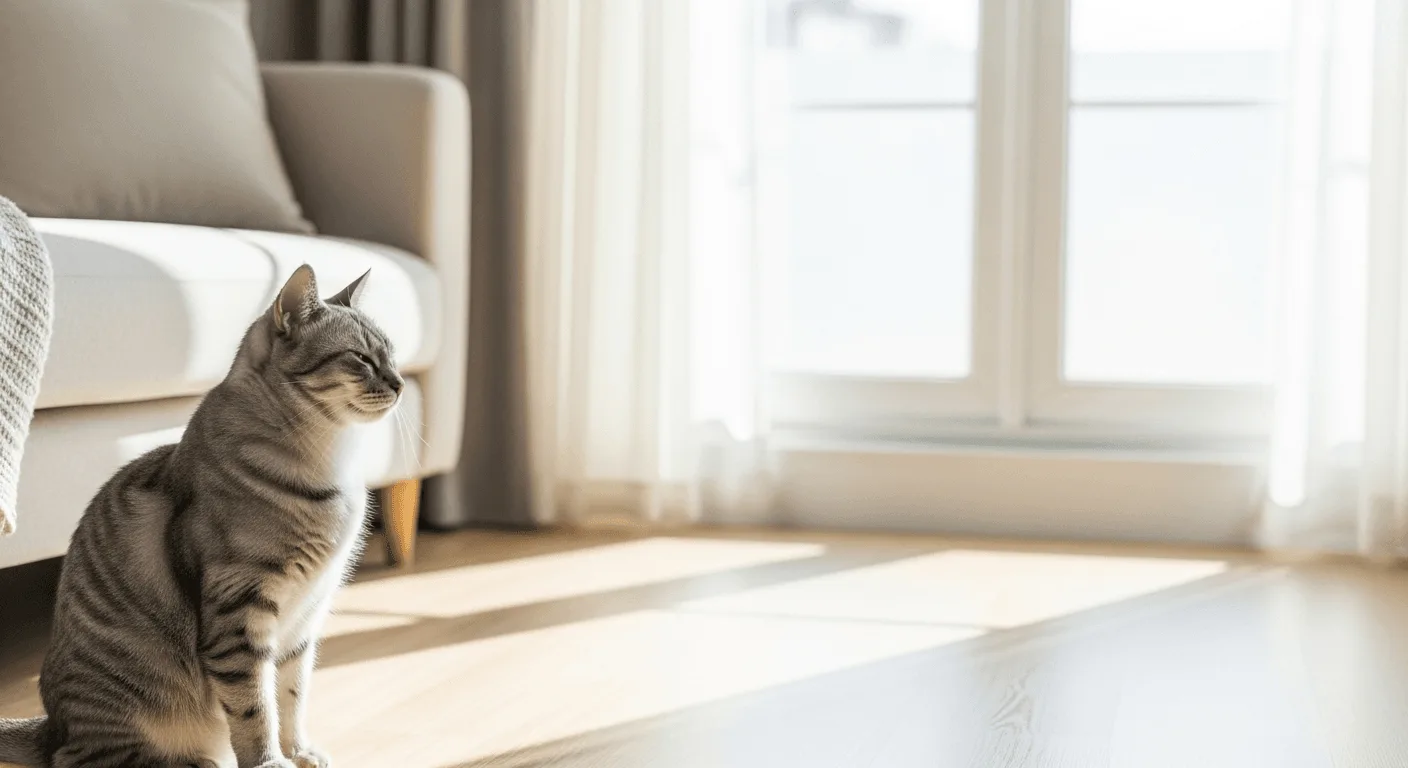 Eine Katze sitzt in einem hellen, gut gelüfteten Wohnzimmer