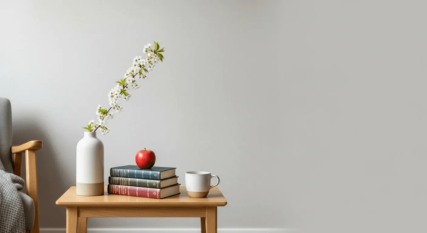 Bücher, ein Apfel und eine Tasse auf einem Beistelltisch