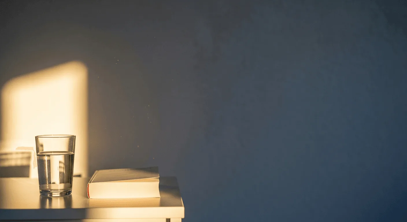 Wasserglas und geschlossenes Buch auf einem Nachttisch im Morgenlicht