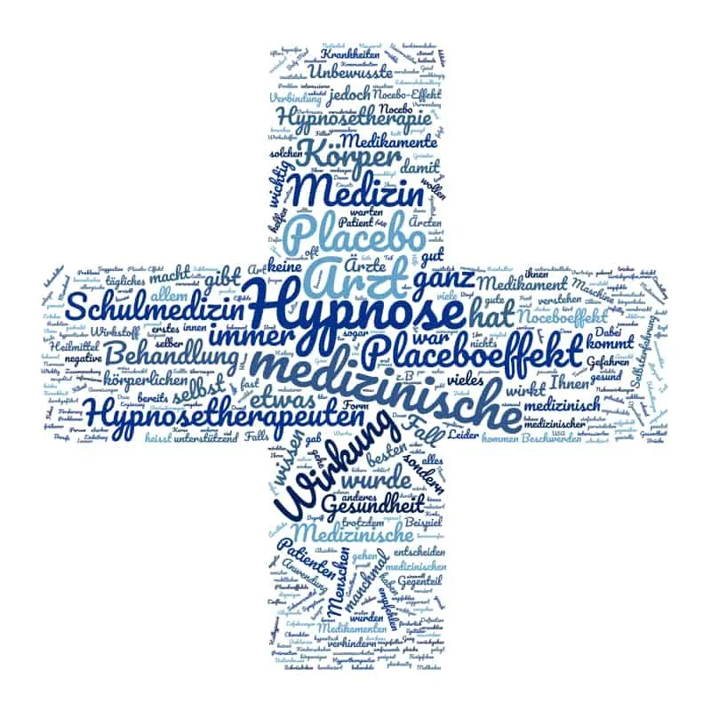 Wortwolke in Form eines medizinischen Kreuzes zum Thema medizinische Hypnose