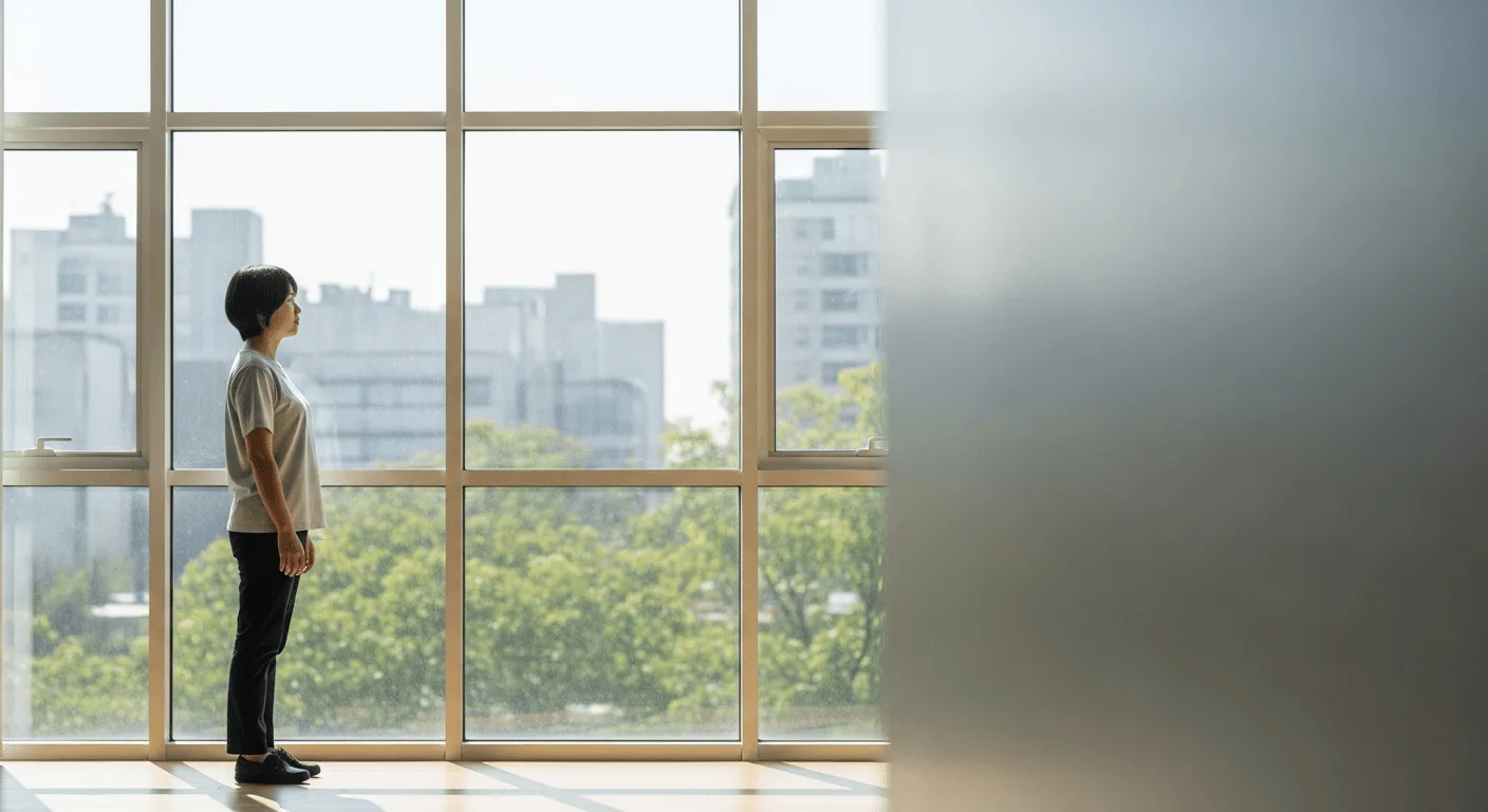 Eine Frau steht aufrecht vor einer großen Fensterfront mit Blick ins Freie