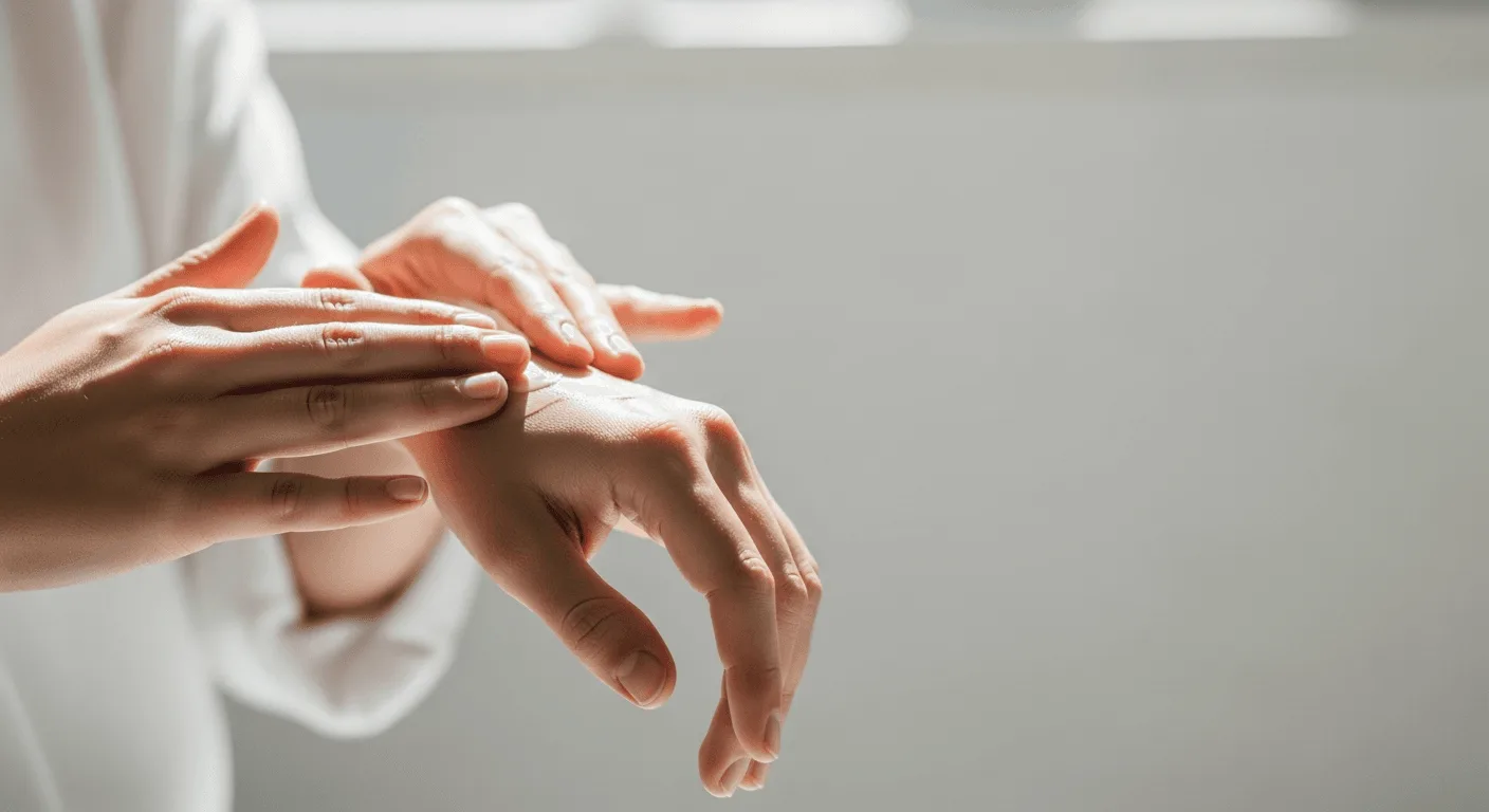 Hände tragen sanft Creme auf den Handrücken auf