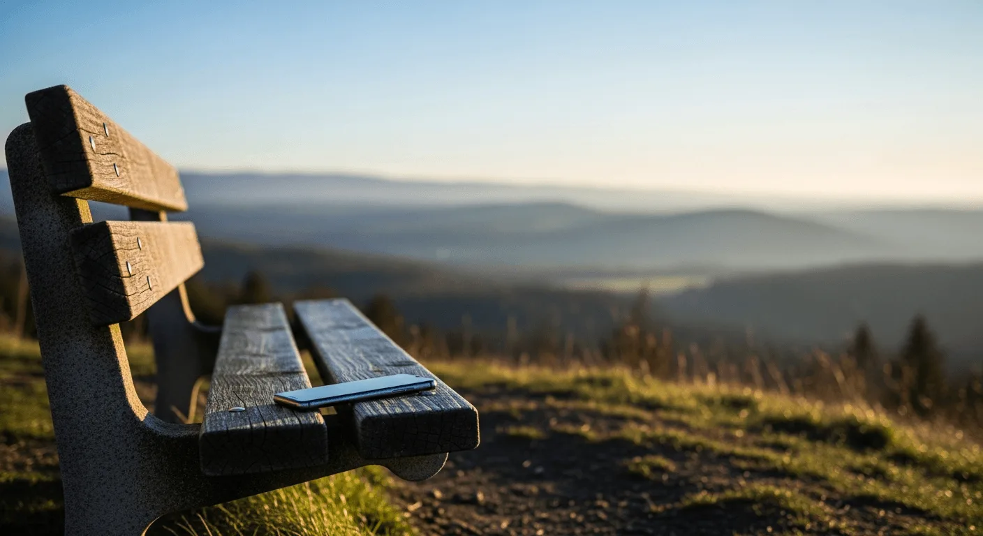 Ein Smartphone liegt unbenutzt auf einer Bank vor weiter Landschaft