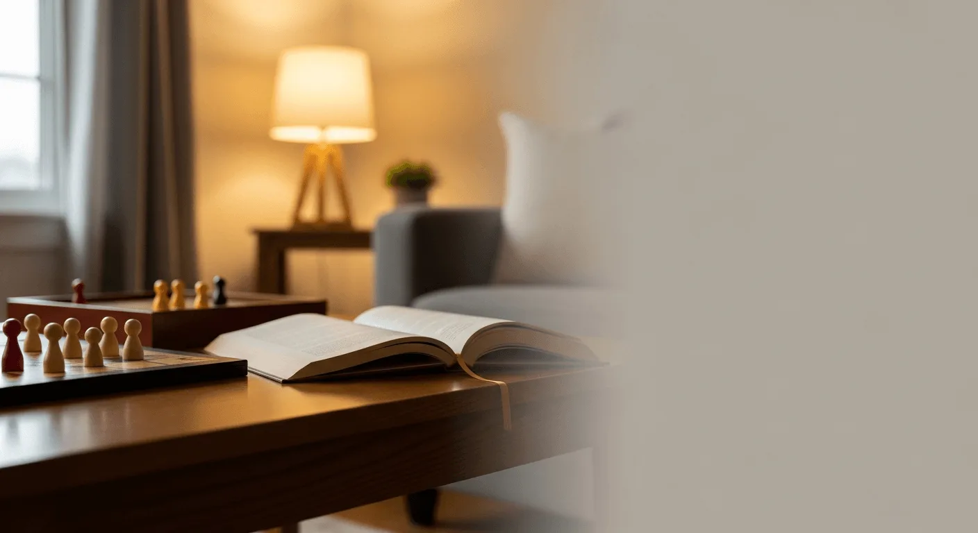 Spielfiguren und ein geöffnetes Buch auf einem Tisch