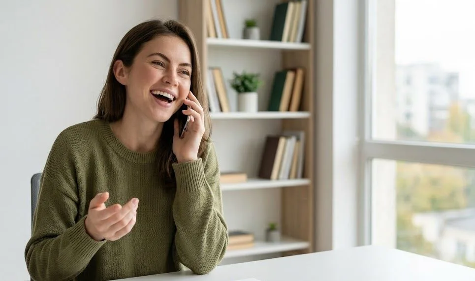 Eine Frau führt entspannt und lächelnd ein Telefongespräch