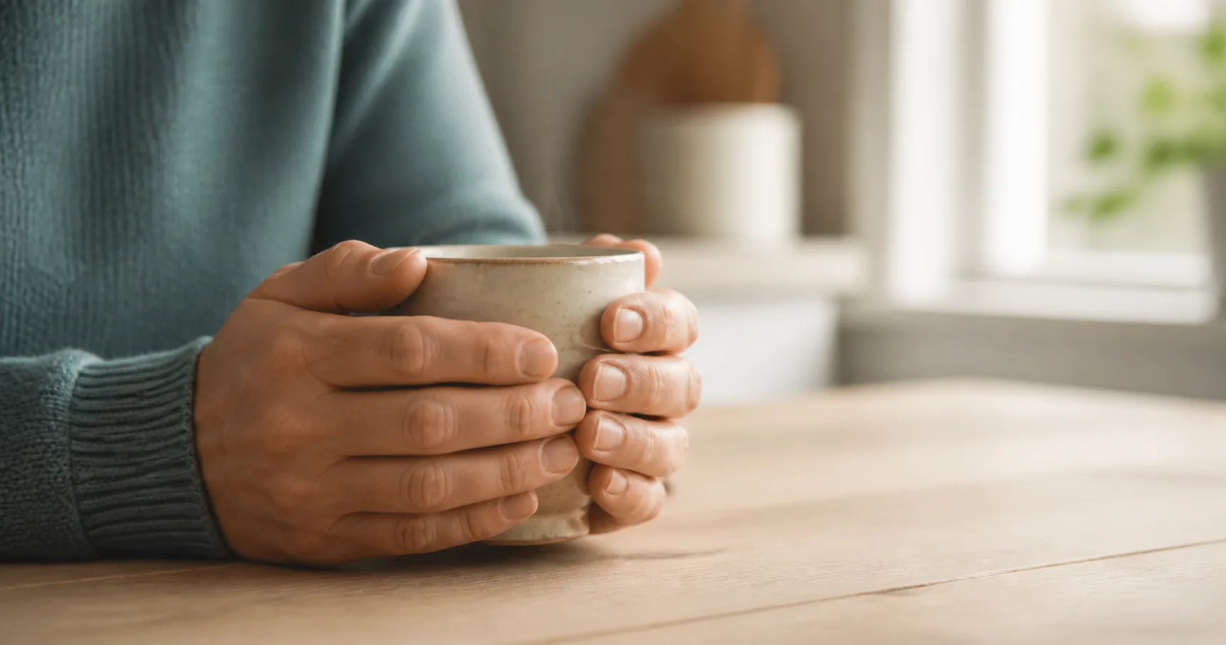 Zwei ruhige Hände halten eine warme Keramiktasse