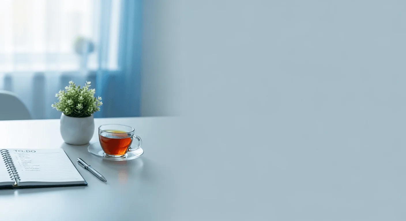 Aufgeräumter Schreibtisch mit kurzer Aufgabenliste, Tee und Pflanze
